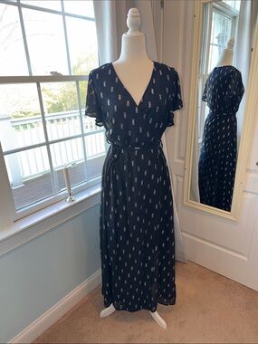 V-Neck Navy Maxi Dress with Tie Waist